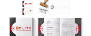 Eine Auswahl an Printprodukten sowie Logoentwicklung und Stempel für Mr.Pan
